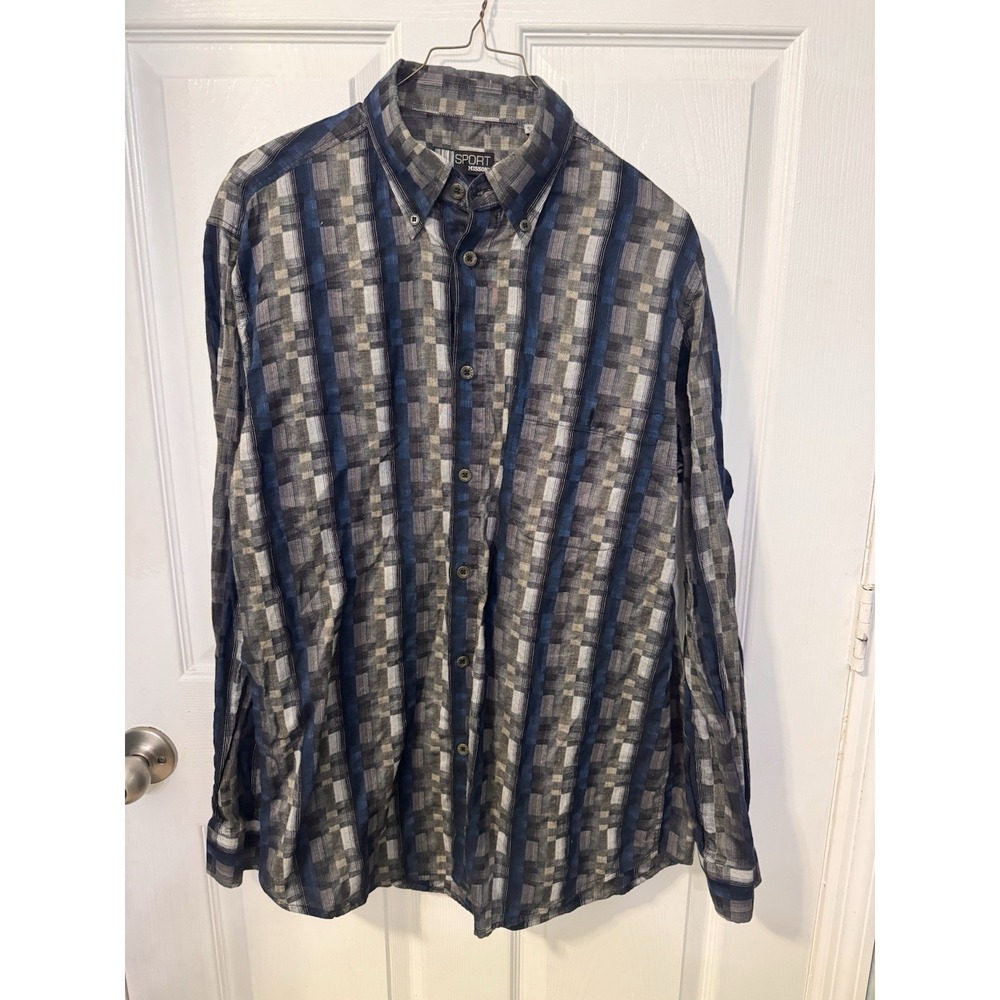 Vintage Missoni Sport Men's Blue Gray Geometric Button Shirt Cotton Linen 50/M
